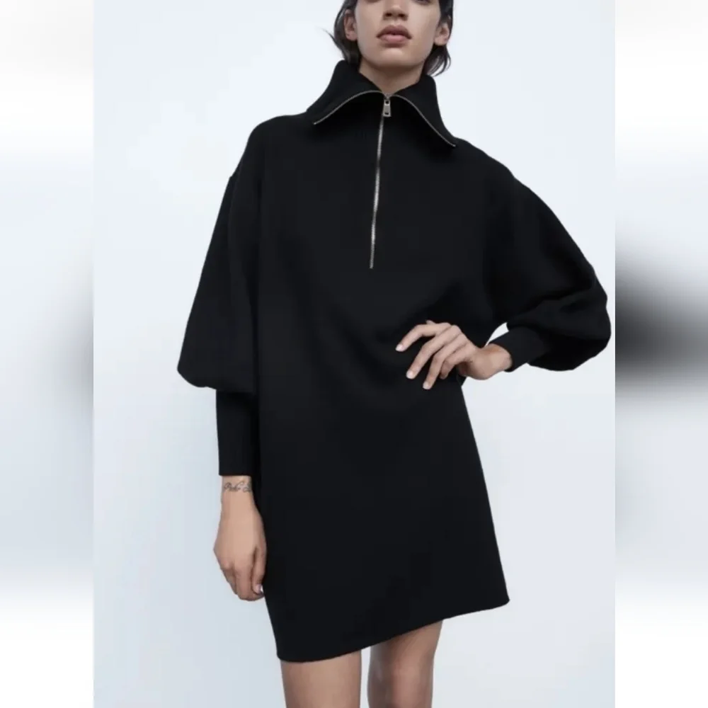 ZARA Black Mini Knit Jumper Dress with Gold Accent Zip Size Medium - Picture 2 of 9